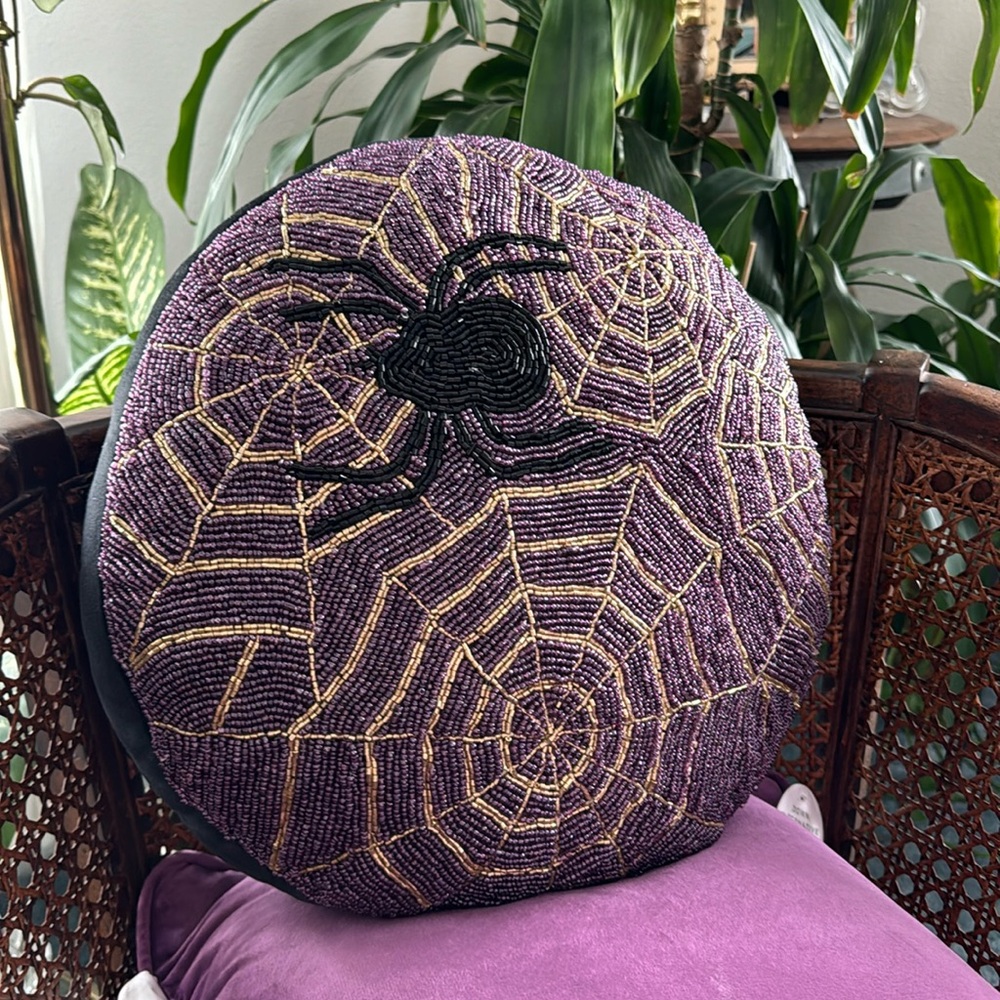 Plush Purple Beaded Spider in Web Design Decorative Round Pillow